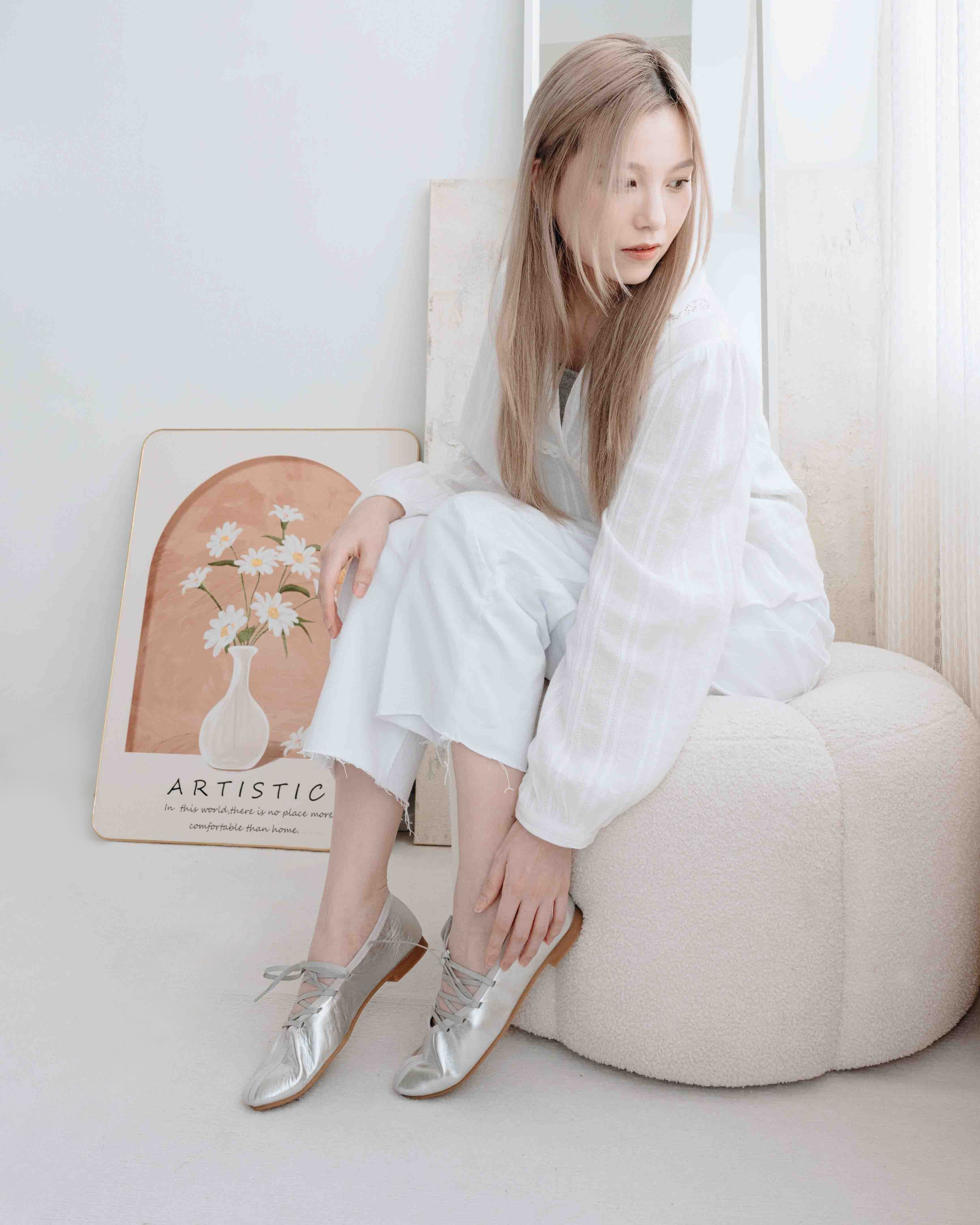 Anna Lace up Ballet Flats - Shiny Silver