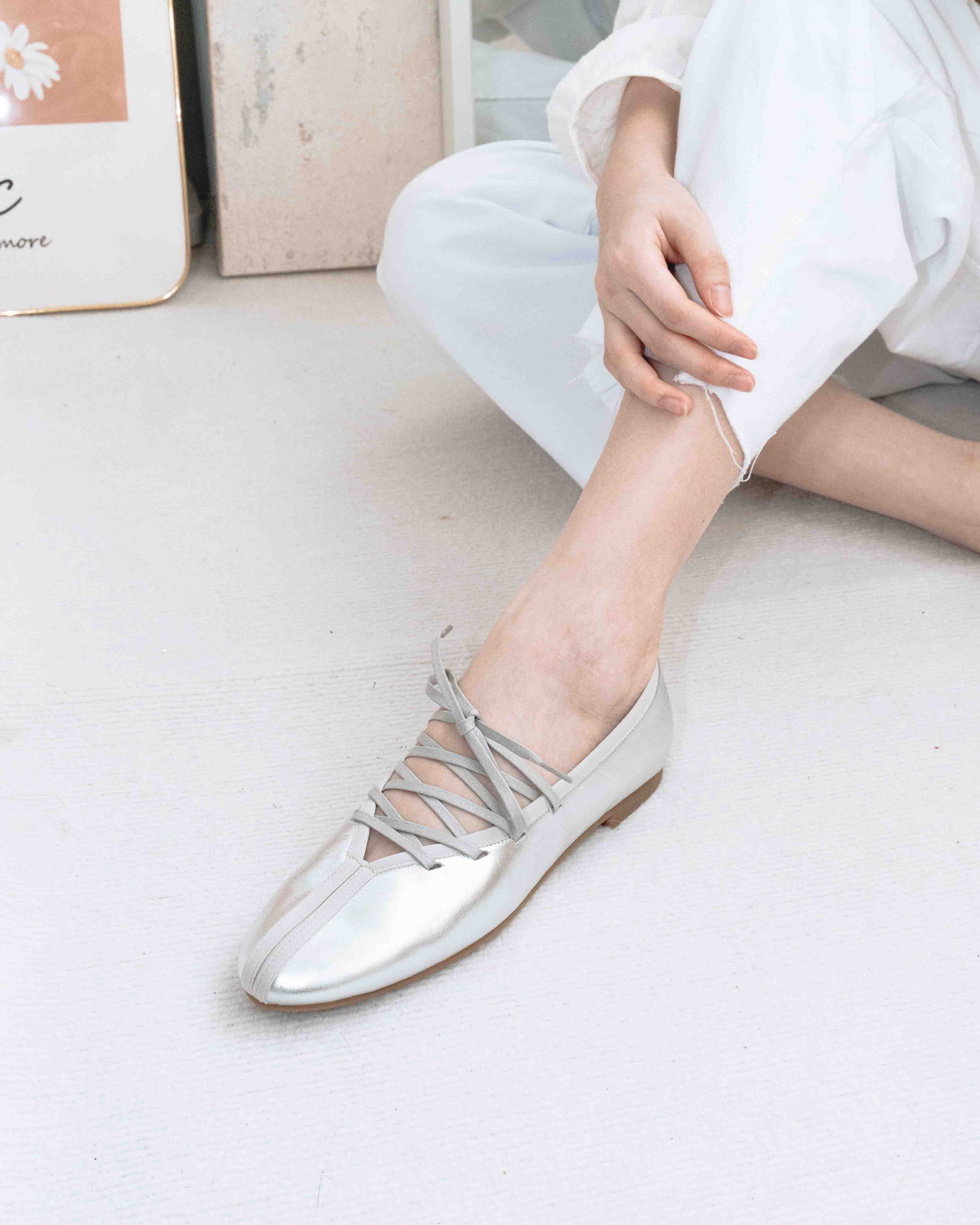 Anna Lace up Ballet Flats - Shiny Silver