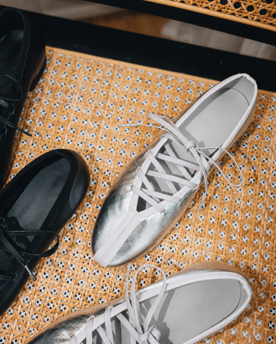 Anna Lace up Ballet Flats - Shiny Silver