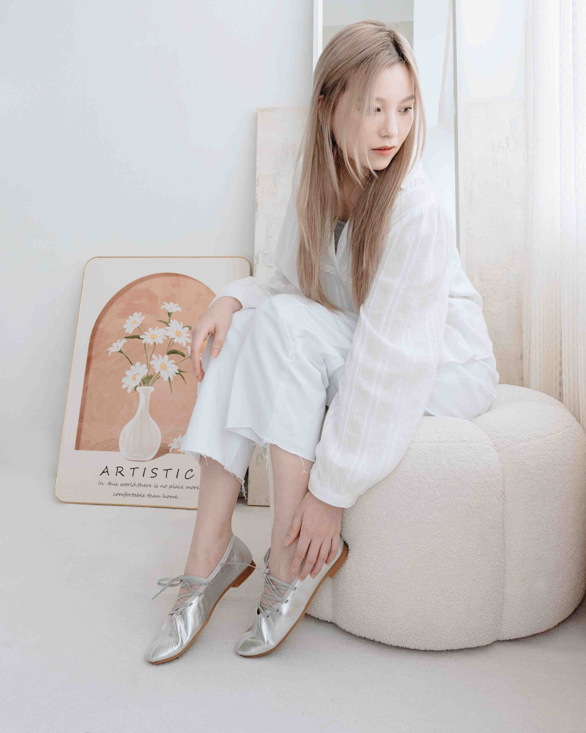 Anna Lace up Ballet Flats - Shiny Silver