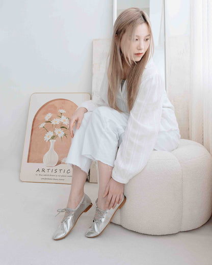 Anna Lace up Ballet Flats - Shiny Silver