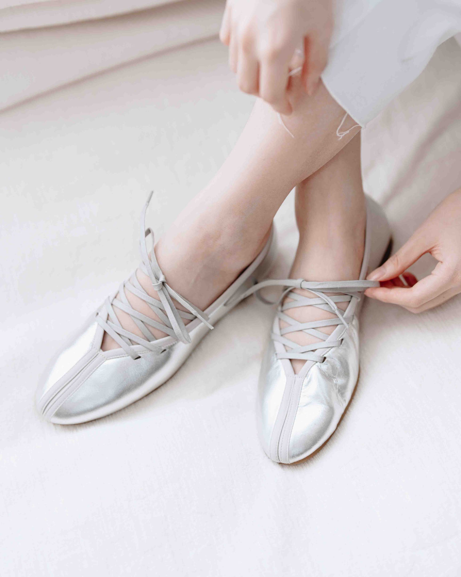 Anna Lace up Ballet Flats - Shiny Silver