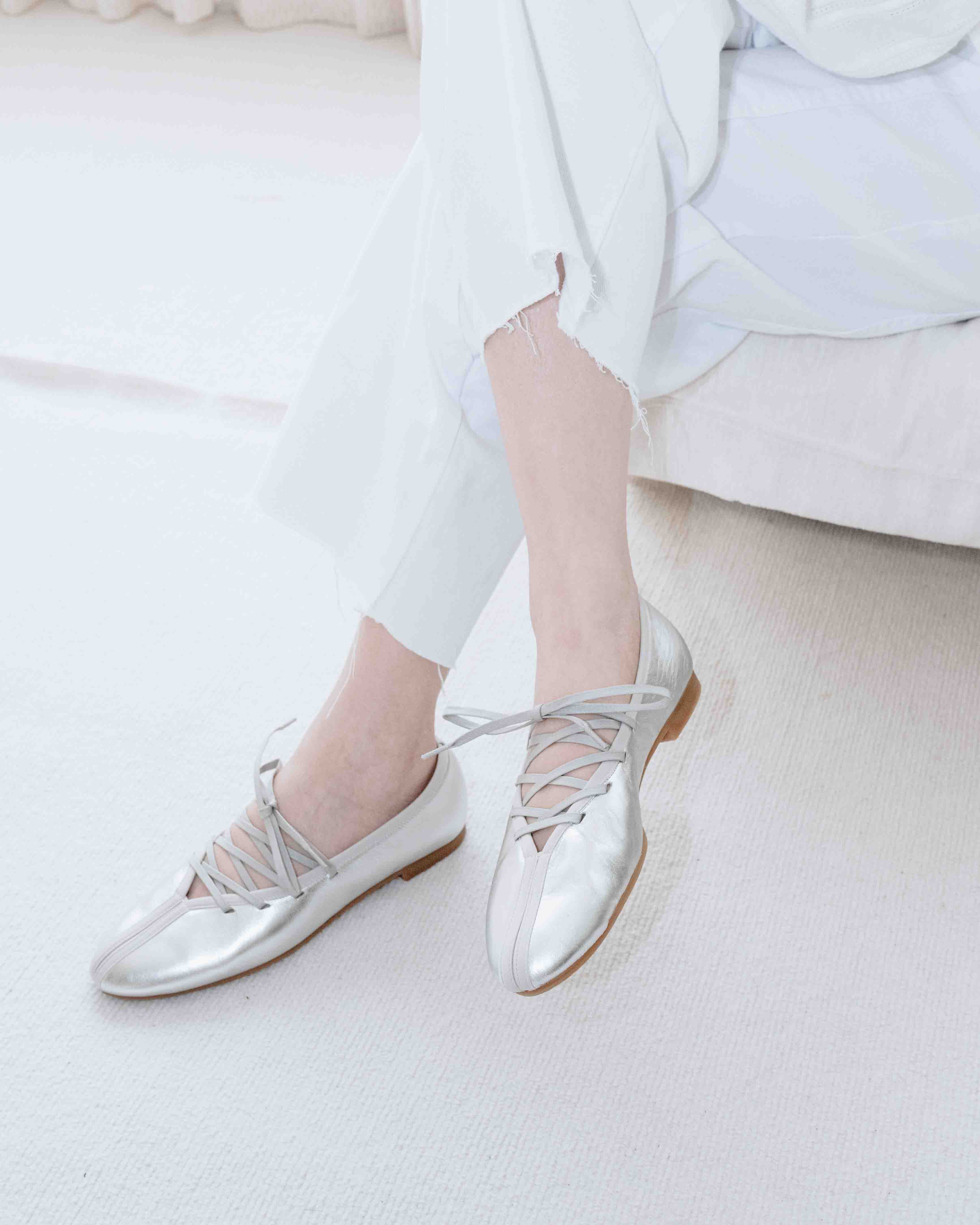 Anna Lace up Ballet Flats - Shiny Silver