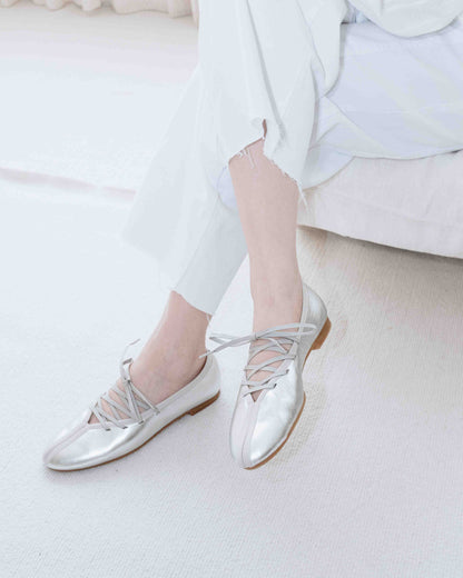 Anna Lace up Ballet Flats - Shiny Silver