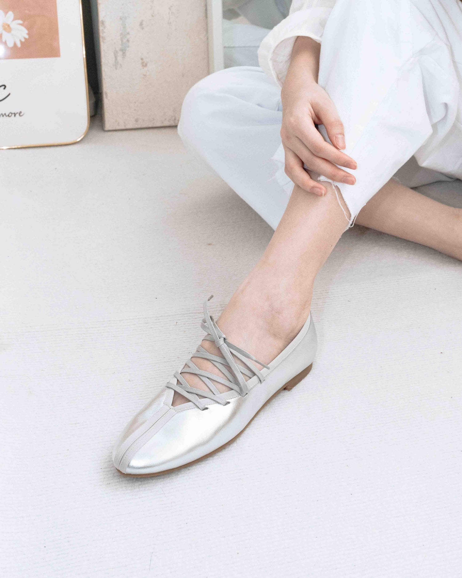 Anna Lace up Ballet Flats - Shiny Silver